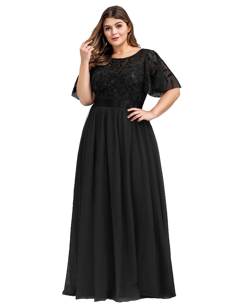 Front of a model wearing a size 22 Sequin Leaf Floor-length Evening Dress in Black by Ever-Pretty. | dia_product_style_image_id:285716